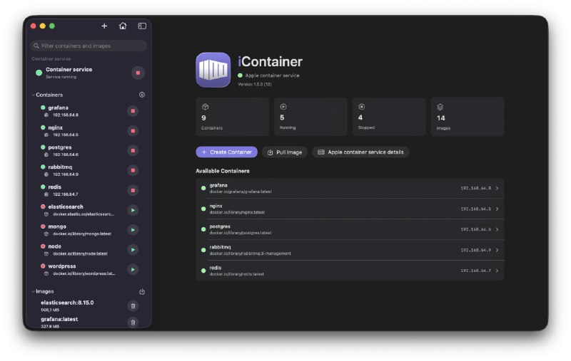 iContainer: macOS 原生容器管理工具原生 macOS App用于管理 Apple Container在官方 CLI 的基础上使用 SwiftUI 构建• 统一仪表盘展示容器与镜像状态，支持一键启动、停止、重启  • 交互式 Shell 与实时日志、统计图表深度集成，提升调试效率  • 菜单栏快捷入口与键盘快捷键，实现无缝操作  