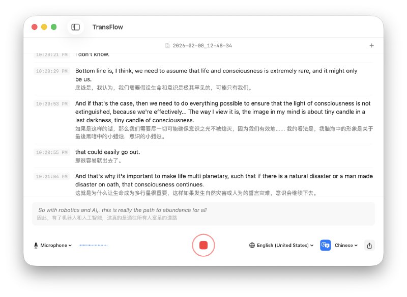 TransFlow: macOS 端完全离线的实时语音转录与翻译工具，隐私优先  • 基于 Apple Speech + Neural Engine 硬件加速，实时转录适合会议、讲座等长音频场景  • 基于 Apple Translation 框架实时翻译，覆盖 macOS 内置语言且全程 on-device 不联网  • 支持通过 ScreenCaptureKit 捕获其他应用音频，转录线上会议/视频内容并可导出 SRT 和 Markdown  