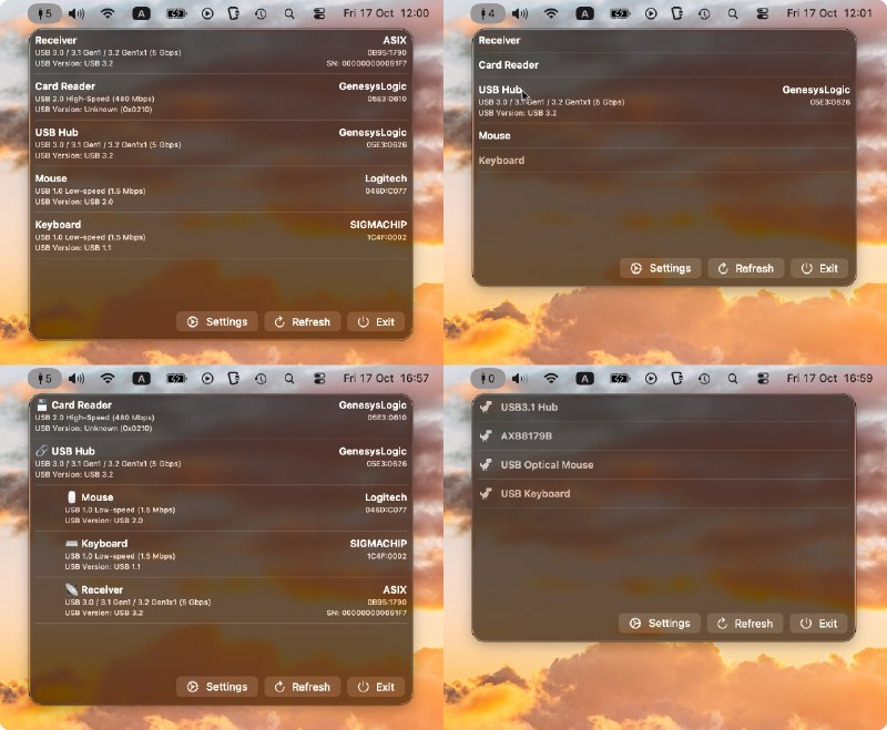 MenuBarUSB: 将连接的 USB 设备信息显示在 macOS 的菜单栏上- 提供简单、可靠的 USB 设备追踪方式- 支持用户自定义 USB 设备列表的显示- 提供设备连接/断开时的通知功能- 具备设备连接状态的监控能力