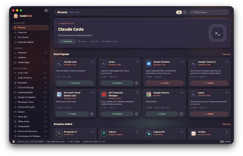 CaskHub: 面向 Homebrew Casks 的原生 macOS 图形管理器• 用接近 App Store 的界面完成应用搜索、安装、更新和卸载，直接管理数千个 Homebrew Casks• 支持 Adopt Apps，可将通过 DMG 或其他渠道安装的应用接入 brew 管理体系• 提供分类浏览、热度榜、最近新增、原始应用图标和智能更新检测，日常维护更高效