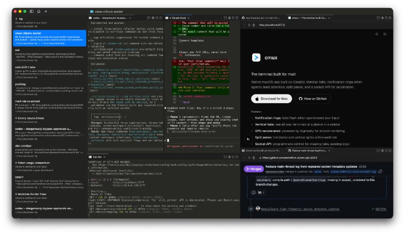 cmux: 面向 AI 编码代理的 macOS 原生多路复用终端• 基于 Ghostty 与 libghostty 的 Swift/AppKit 原生实现，启动快、内存占用低，并直接兼容现有 Ghostty 主题与字体配置• 提供垂直标签与分屏编排，侧边栏可实时展示 Git 分支、工作目录、端口与最新通知内容，适合并行管理多会话代理任务• 内置可脚本化通知与 Browser 能力，支持 CLI 与 Socket API 自动化工作区、面板操作及网页交互，快速定位需要人工介入的 Agent 会话