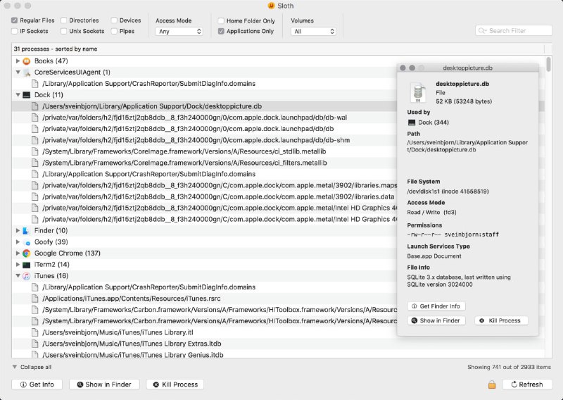 Sloth: macOS 进程查看工具它可以列出系统中所有运行进程所打开的文件和网络连接让用户轻松查看各个应用程序所使用的资源