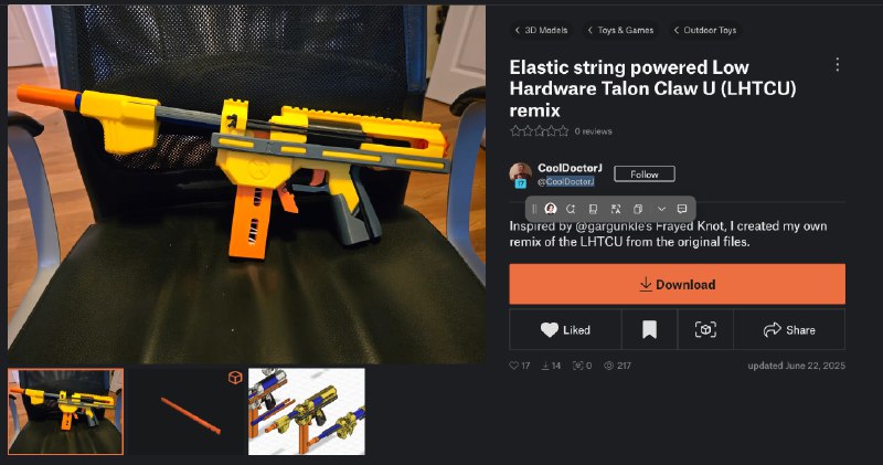 折腾 LHTCU 轻五金系列🆕 Elastic string powered LHTCU - 轻五金皮筋动力优化版已发布到 MakerWorld能跑 60 但是扳机太硬了 国际站 中国站Low Hardware Mini Claw - LHMC 优化版已发布到 MakerWorld 国际站 中国站—-入坑之后家里的油, 脂, 螺丝, O 圈, PC 管, 卷毛, 🥚是越来越多了一开始是日常逛 Reddit r/Nerf 的时候看到 有人做了 Mini Claw(图 3)之前也在 P 站看了 Sillybutts 的 LHTCU(图 4) 和 Mini Claw U(图 5)打印一片光滑的薄片塞进打印气缸属实很屌后来也看了皮筋动力的 remix: gargunkle 的(图 6), CoolDoctorJ 的(图 7), Dalardan 的(图 8)还有个更完善坚固的 LHTCUBL T2 但是当时感觉太复杂...gargunkle 的这个 Mini Claw 属实零件少又简单 正好能把我的 PC 管卷毛和 O 圈都用上结果自己改了一堆零件之后(之后会慢慢整理发 mw)...说好的 Low Hardware(图 1, 图 2, Nano Banana 改照片背景真方便)...1g 🥚 初速 60 左右还试了下打印的内管 性能几乎没影响...零件不多 非常方便 remix 值得折腾 频道资源合集   恰饭推荐   群组 #3D #打印 #Nerf #软弹 #LHTCU