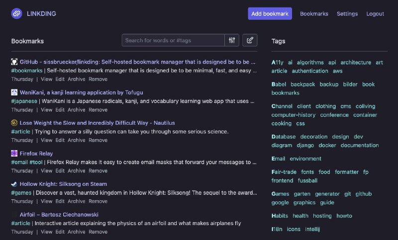 linkding: 自建书签管理器好像挺强的还能自动在 Internet Archive Wayback Machine 创建书签快照 sissbruecker/linkding 频道资源合集   恰饭推荐   群组 #bookmark #书签 #GitHub