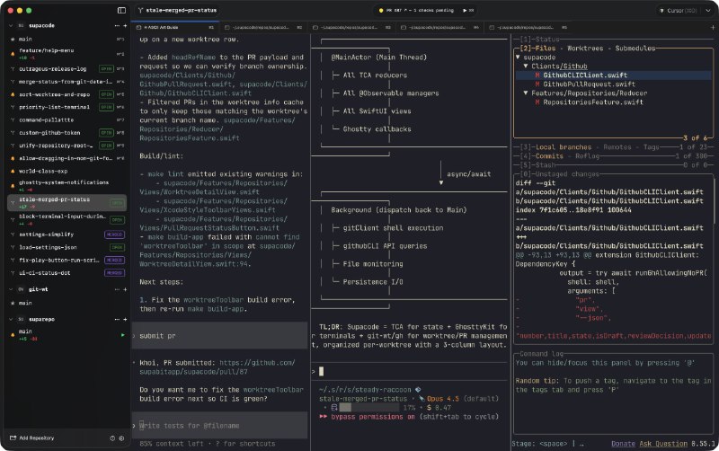 supacode: 高效管理并行代码代理的 macOS 原生应用• 完全原生的 macOS 应用，基于 libghostty 引擎，提供流畅性能  • 支持 Claude Code、Codex 等多种代码代理，无需额外翻译层直接运行  • 集成 Git 工作树和 GitHub 功能，便捷管理任务隔离和 PR 操作  