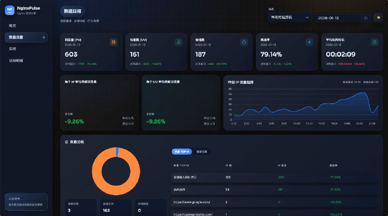 NginxPulse: 轻量级 Nginx/Caddy 访问日志实时分析与可视化• 实时统计 PV、状态码并支持自定义过滤  • 内置 IP 归属地查询，先远程批量再本地 fallback，支持 IPv4/IPv6  • 一键 Docker / Docker‑Compose 部署，亦可生成单体二进制文件  