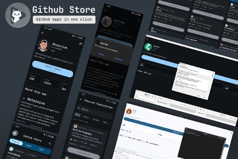 GitHub Store: 将 GitHub Releases 转化为类应用商店的体验，专注于可安装的二进制文件- 使用 Kotlin Multiplatform 构建，支持 Android 和桌面跨平台- 智能发现机制，根据平台、更新时间和流行度推荐应用- 提供一站式安装、跟踪和更新功能- 自动化收录机制，基于公开的 GitHub API 和项目标准