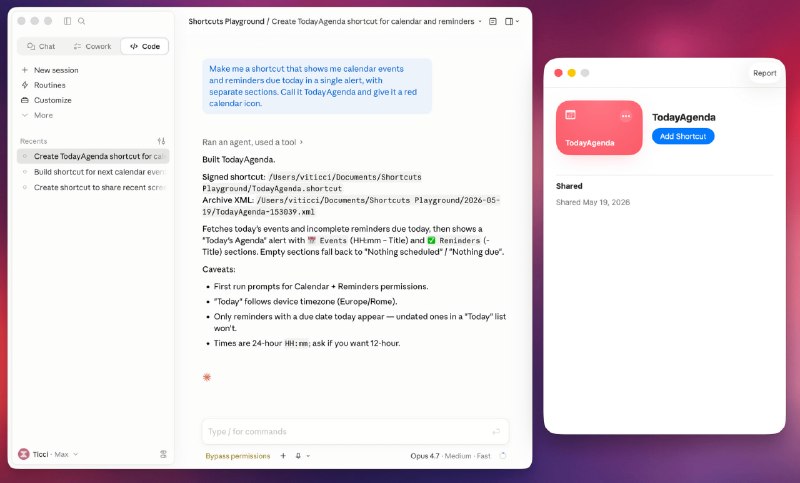 Shortcuts Playground: 用自然语言生成 Apple 快捷指令• 支持在 Claude Code 和 Codex 中通过描述需求生成可导入的 .shortcut 文件• 内置 Shortcuts 知识库、XML 校验与签名流程，提升快捷指令生成质量• 提供 build 与 remix 命令，可从零创建或精细修改现有快捷指令