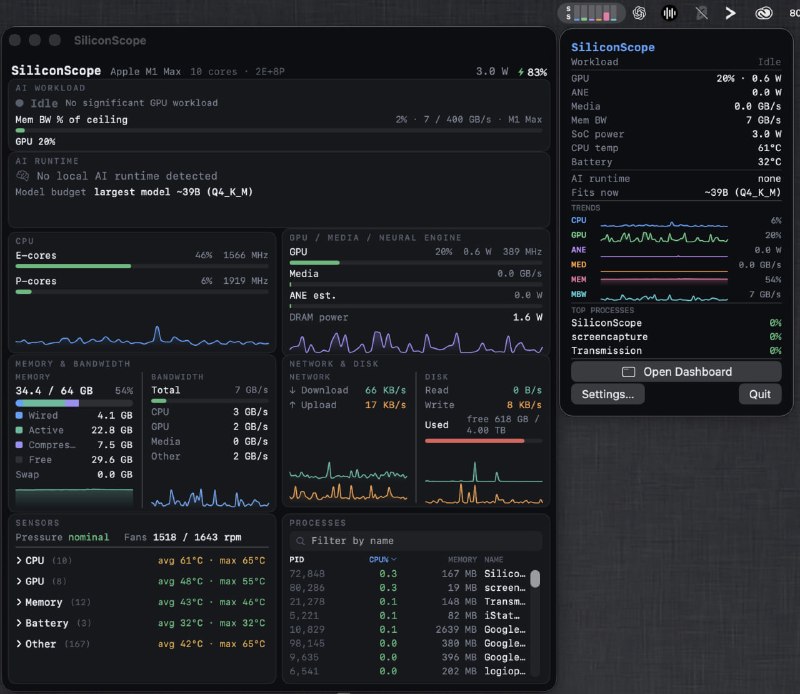 SiliconScope: 专为 Apple Silicon 打造的可视化性能监控工具感谢群友 @rainyovo233 分享• 原生 SwiftUI 界面，实时监控 CPU、GPU、ANE、Media Engine、内存带宽等核心指标，无需 sudo 权限即可使用  • 内置 AI Workload 分析视图，可识别带宽瓶颈、计算瓶颈、热限制和内存压力，帮助定位本地 LLM 推理性能问题  • 支持显示模型加载情况、GPU/CPU 分流比例、统一内存占用与交换状态，适合 LM Studio 等本地 AI 工作负载调优  