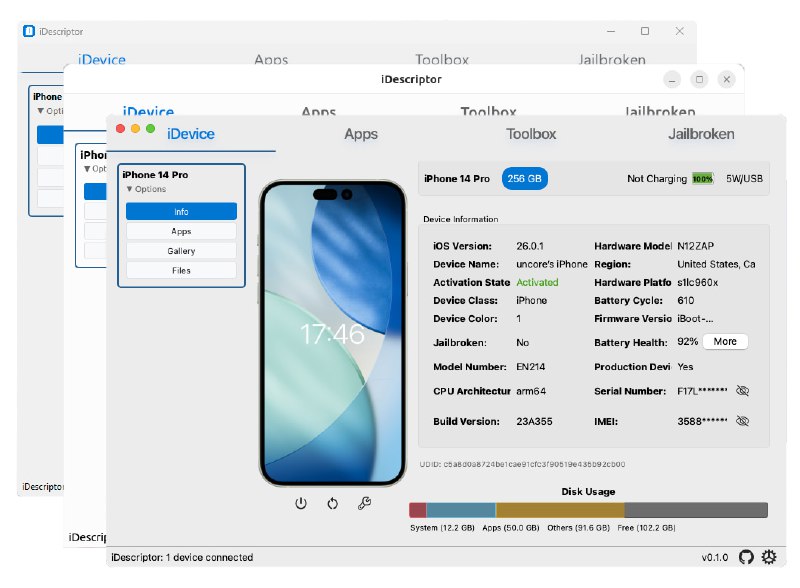 iDescriptor: 免费、开源、跨平台的 iDevice 管理工具- 支持 Windows、macOS 和 Linux 操作系统- 提供 USB 连接，并计划支持无线（Wi-Fi）连接- 核心功能包括应用商店管理、文件系统挂载、图库浏览、线缆信息检测等- 支持设备重启、关机、进入恢复模式等基本设备操作
