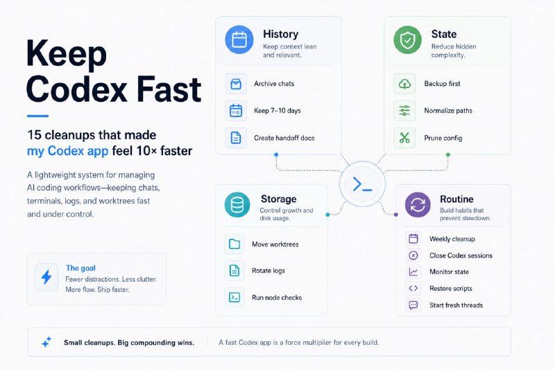 keep-codex-fast: 面向重度 Codex 用户的本地状态维护与归档工具• 默认以报告模式检查会话、日志、worktree 和进程占用，帮助你快速看清本地状态• 支持在归档前生成 handoff 文档和 reactivation prompt，方便把旧会话转换成可持续接力的上下文• 提供备份优先的维护流程，可归档旧聊天、整理 stale worktree、轮转大日志并清理失效项目引用