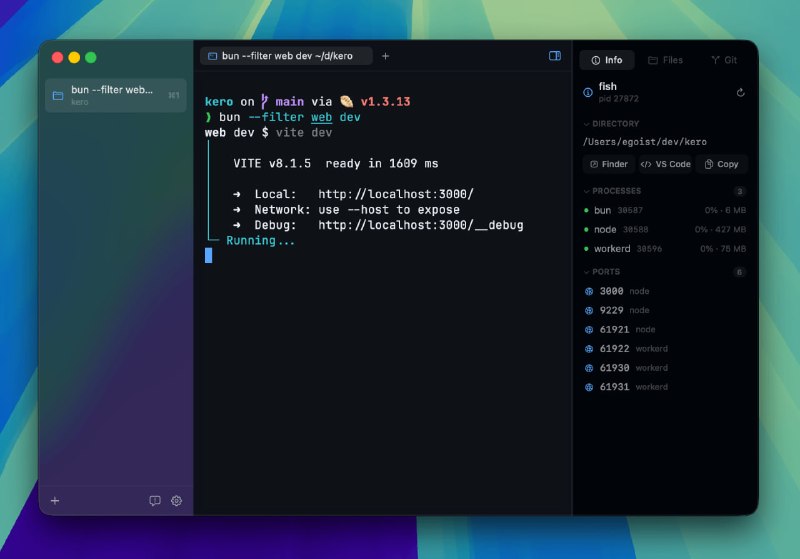 Kero: 面向 macOS 的原生终端工作区，把命令行、Git 和文件操作集中到一个窗口@localhost_5173 佬新作品• 原生集成 Git 面板，支持 stage、commit、amend、branch 切换、push 和 stash，适合边跑命令边完成代码审查与提交• 内置文件面板与行内 diff，可直接浏览工作区、查看变更、打开文件编辑，支持 tree-sitter 高亮与快捷保存• 基于 libghostty 构建，可直接承载 zsh、fish、bash 的现有配置，并提供桌面通知、进度显示和会话恢复能力