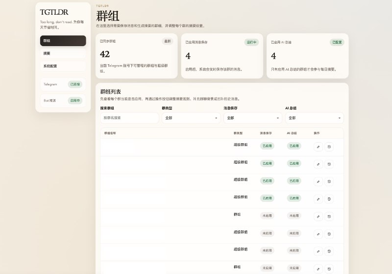 TGTLDR: 面向 Telegram 群聊的自部署 AI 每日摘要系统• 监听已加入的 Telegram 群消息并保存到本地数据库，适合持续追踪高活跃社区动态• 支持按群组配置摘要时间、Prompt、过滤规则和模型，生成更贴合场景的每日总结• 提供 Web 管理界面、手动触发摘要和 Telegram Bot 推送，配合 Docker 可快速部署