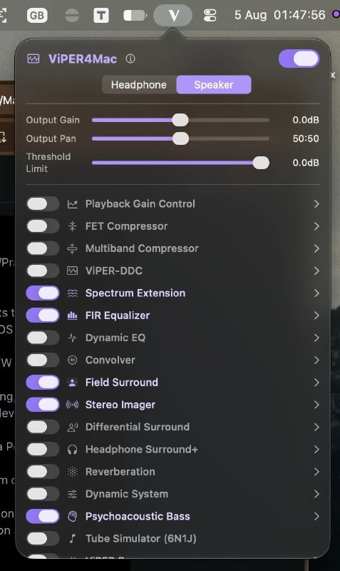 ViPER4Mac: 面向 macOS 的全局音频增强与 DSP 处理工具• 基于 Apple Core Audio Tap API 实现系统级音频捕获与实时处理，把经典的 ViPER 音效链带到 macOS• 内置 FIR EQ、动态 EQ、Convolver、ViPER Bass、Clarity、环绕声场、压缩器等丰富 DSP 模块，覆盖调音到空间感增强的核心场景• 支持耳机与扬声器配置自动切换、按设备保存独立参数，并可导入 DDC 配置、WAV 或 IRS 脉冲响应以及完整预设