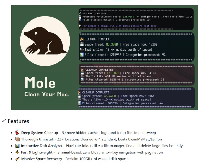 Mole 是一个轻量级终端工具，能快速帮你释放上百GB空间，功能强大且零冗余：| #工具