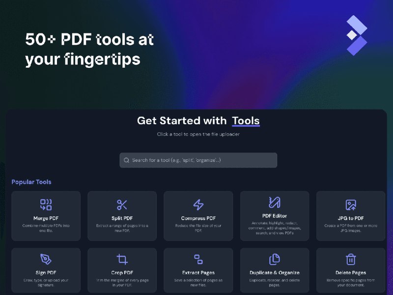 BentoPDF: 功能强大、注重隐私的 PDF 工具集- 隐私优先：所有 PDF 处理均在客户端浏览器中完成，不上传任何文件至服务器，确保用户数据隐私- 功能全面：提供超过 50 种 PDF 操作工具，覆盖编辑、转换、安全、优化等多个维度- 易于使用与部署：支持多种方式进行本地运行和自行托管，包括 Docker 和静态文件部署- 技术栈现代：基于 Vite、TypeScript 和 Tailwind CSS 构建，性能优越且易于维护