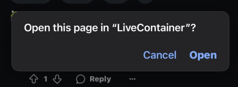 Open-In-Live-Container: iOS Safari 脚本让 Reddit 链接直接在 Live Container 中打开 Apollo  • 支持在 Live Container 环境下自动跳转并打开 Apollo  • 同时提供 Twitter、YouTube、Instagram 等平台的扩展脚本  • 可通过免费 Userscripts iOS 应用一键安装，无需越狱  