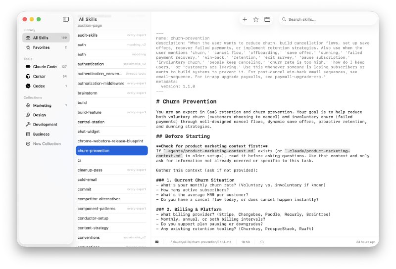 Chops: 面向 macOS 的 AI 编码助手技能管理器• 统一发现并管理 Claude Code、Cursor、Codex、Windsurf、Copilot、Aider、Amp 等多种工具的 skills，不必再手动翻找 dotfiles• 内置原生编辑器与全文搜索，支持 frontmatter 解析、实时文件监听和快速保存，适合高频调整与维护技能库• 支持 Collections 和远程 skill server，可在不改动源文件的前提下整理技能，并从 OpenClaw 等服务发现和安装新 skills